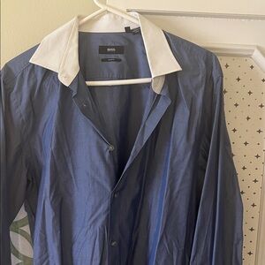 Boss Men's Blue Shirt Jacket with White Collar